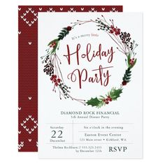 a holiday party card with holly wreaths and berries