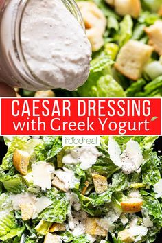 caesar dressing with greek yogurt in a glass jar on top of a salad