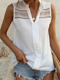 White Solid Color Stand Collar Tank Tops Top In Pizzo, Womens Sleeveless Tops, Weave Style, Self Design, Women Shirts Blouse, Lace Shirt, White Tank Top, Top Women, Casual Elegance