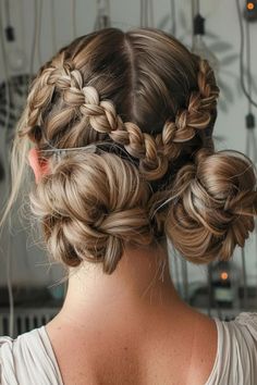 The 25 Best Summer Hair Cuts & Styles for Women | 20+ Trendy & Aesthetic Summer Hairstyles Ideas Braided Space Buns Short Hair, Cute Hairstyles Buns And Braids, Space Buns Long Curly Hair, Braids And Space Buns, Glitter Updo Hair, Braids Into A Bun Hairstyles, Galaxy Buns Hair, Viking Braids For Short Hair, Space Bun Updo