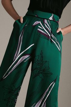 Petite Lily Print Wide Leg Woven Satin Trouser Green Wide Leg Pants For Work, Green Ankle-length Wide Leg Pants For Formal Occasions, Formal Green Ankle-length Wide Leg Pants, Green Wide Leg Formal Bottoms, Formal Green Wide Leg Bottoms, Formal Green Wide-leg Bottoms, Elegant Green Wide Leg Pants, Green Wide Leg Pants With Loosely Fitted Hips, Green Ankle-length Wide Leg Pants