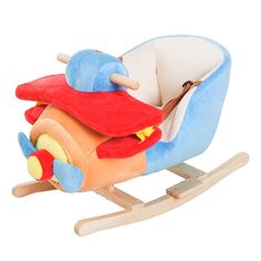 a wooden rocking toy with a red and blue airplane on it