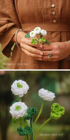 crocheted flowers are being displayed in two different pictures, one is white and the other is green