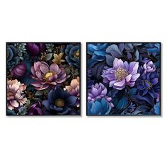 two paintings with purple and blue flowers on them