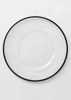 a white plate with black trim on it