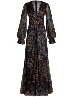 black/multicolour silk paisley print V-neck long sleeves flared hem Silk Georgette Dress, Printed Silk Dress, Etro Paisley, Puffed Long Sleeves, Flowing Dress, Georgette Dress, Silk Print Dress, Paisley Floral, Women Maxi