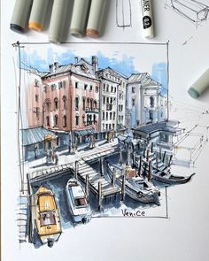 a drawing of some buildings and boats in the water with markers next to it that says venice