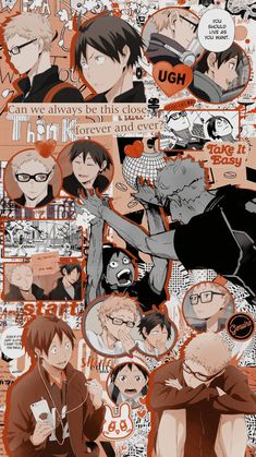 an anime collage with many different characters and words on the image, including one man in