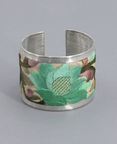 Lotus Designs, Buddha Groove, Lotus Bracelet, Lotus Design, Cream Fabric, The Lotus, Wide Cuff, Green Item, Traditional Art