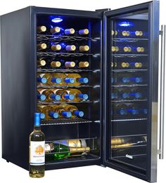 an open wine cooler filled with bottles of wine