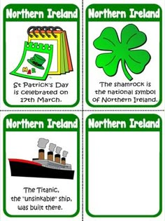 four different cards with pictures of irish symbols and the words northern ireland, st patrick's day