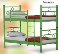 there are two bunk beds with red and white pillows on top of each bed, one is green