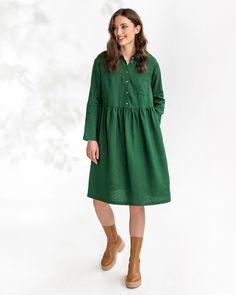 Uniform, but make it cool. Our linen shirt dress NESSO is an item that can save you from the dilemma when you open your closet and think you have nothing to wear. It has an elegant design with carefully envisioned details: a higher waistline, front fastening with small buttons, two inner p. Color: Green Baggy Linen Pants, Wrinkled Clothes, Best Shirt, Linen Clothing, Linen Shirt Dress, Green Outfit, Clothing Care, Linen Top, Linen Women