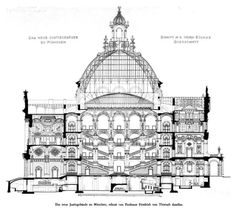 an architectural drawing shows the interior and exterior of a large building with many windows,