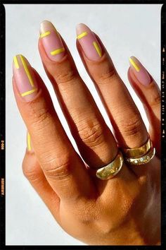 Image edited by AirBrush App. Filter: Color - ULT-3. The minimalist lemon yellow lines can create an unexpected appearance. They give this matte nude almond nail a new look, and the design looks bright and eye-catching. #nails #nailart #nailsart #gelnails #nailsalon #acrylicnails #nailsoftheday #nailstyle #lovenails #nailsinspire #nailsaddict #photoeditor #filter #airbrush #retouch #airbrushfilter Bright Nail Designs, Line Nail Art, Yellow Nails Design, Yellow Nail, Nails Yellow, Nail Looks, Tie Dye Nails, Geometric Nail, Lines On Nails