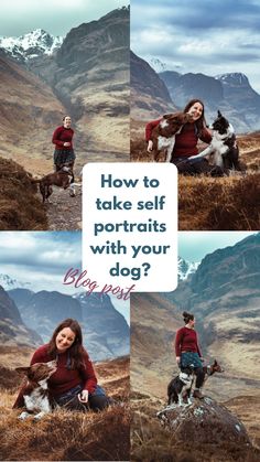 two people sitting on top of a hill next to a dog with the caption how to take self portraits with your dog?