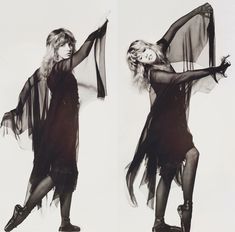 two black and white photos of a woman with her arms spread out in the air