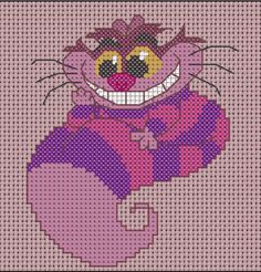 a cross stitch pattern of a pink cat with big eyes and a smile on it's face