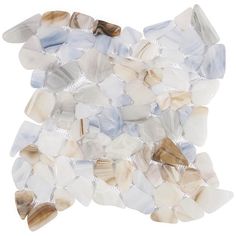 a pile of white and blue glass pebbles