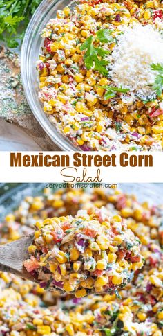 mexican street corn salad in a glass bowl with a wooden spoon