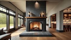 a living room filled with furniture and a fire place in the middle of a room