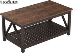 a wooden coffee table with shelf underneath it and the words hawkins wood shop com