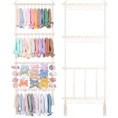 a white rack with clothes hanging from it's sides