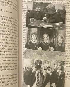 an open book with pictures of harry potter and hermione's hogwarts