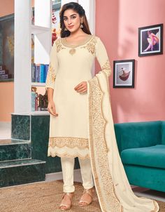 Off White Chudidar style Straight Faux Georgette | Arabic attire White Churidar, Designer Suits Online, Off White Designer, Churidar Suits, Georgette Tops, Patiala Salwar, Designer Salwar Suits, Salwar Kameez Designs, Georgette Fabric