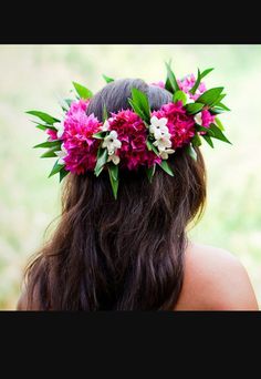 two pictures of the same woman with flowers in her hair, one is wearing a flower crown