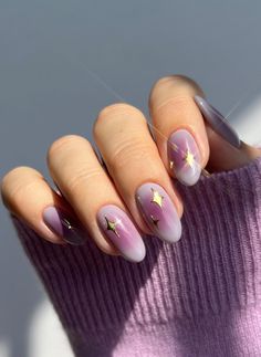 30 Trendy Ombre Nails Perfect For Every Season Purple And Silver Nails Acrylic, Purple Yellow Nails, Nails Inspo Purple, Fall Aura, Nail Designs Hot Pink, Aura Nail, Colorful Aura, Nails Charms, Nails March