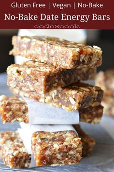 no - bake energy bars stacked on top of each other with text overlay