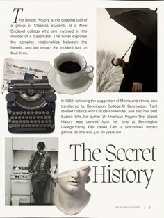 an advertisement for the secret history, with pictures of people and typewriters in it