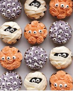 cupcakes decorated with icing and googly eyes