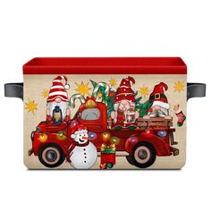 a red truck with santa claus and snowmen on it