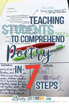 a piece of paper with the words teaching students to comprehend poetry in 7 steps