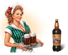 a woman holding two beer mugs next to a bottle