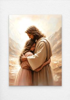 a painting of jesus hugging a woman with mountains in the background