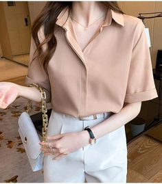 Solid Collared Tops For Office, Office Half-sleeve Solid Color Tops, Office Half Sleeve Tops, Beige Collared Top For Office, Solid Color Half Sleeve Office Top, Half Sleeve Shirt For Work, Half Sleeve Shirt For Workwear, Casual Half Sleeve Office Tops, Casual Short Sleeve Tops For Office Wear