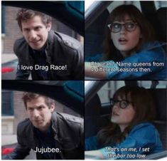 the avengers movie scene with captain america and spider - man in glasses, one is driving