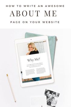 an ipad with the title how to write an awesome about me page on your website