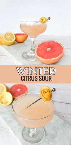 the winter citrus sour cocktail is garnished with lemons and grapefruit