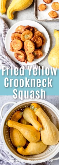 fried yellow crockneck squash in a colander with other dishes on the side