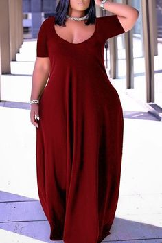 Burgundy Fashion Casual Plus Size Solid Patchwork V Neck Short Sleeve Dress Cocoon Dress, Plus Size Formal, Spaghetti Strap Maxi Dress, Dress Sleeve Styles, Denim Maxi, Patchwork Dress, Feminine Look, Fashion Pattern