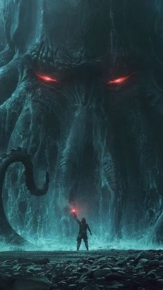 a man standing in front of a giant monster with red eyes and glowing eyes on it's face