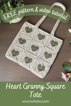 a crocheted bag with hearts on it and text overlay that reads, heart granny square tote