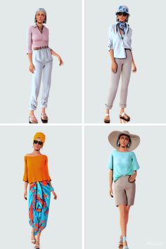 four models in different outfits and hats, all wearing sunhats on their heads