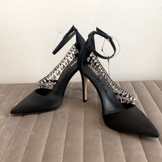 Express Black 5in Stiletto Heels - Nwt - Satin, Pointed Closed Toe With Ankle Strap And Rhinestone Detail Across Foot. Crystal Embellished High Heels For Night Out, Crystal Embellished Heels For Night Out, Heels Prom, Prom Inspo, Long Gowns, Closed Toe Heels, Black Stilettos, Vow Renewal, Long Gown