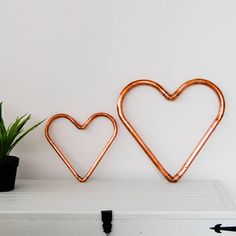 two heart shaped copper metal wall hooks on a white shelf next to a potted plant