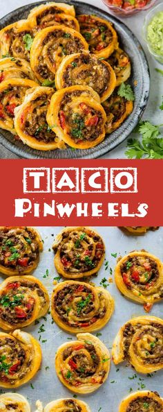 an image of taco pinwheels on a baking sheet with the title above it